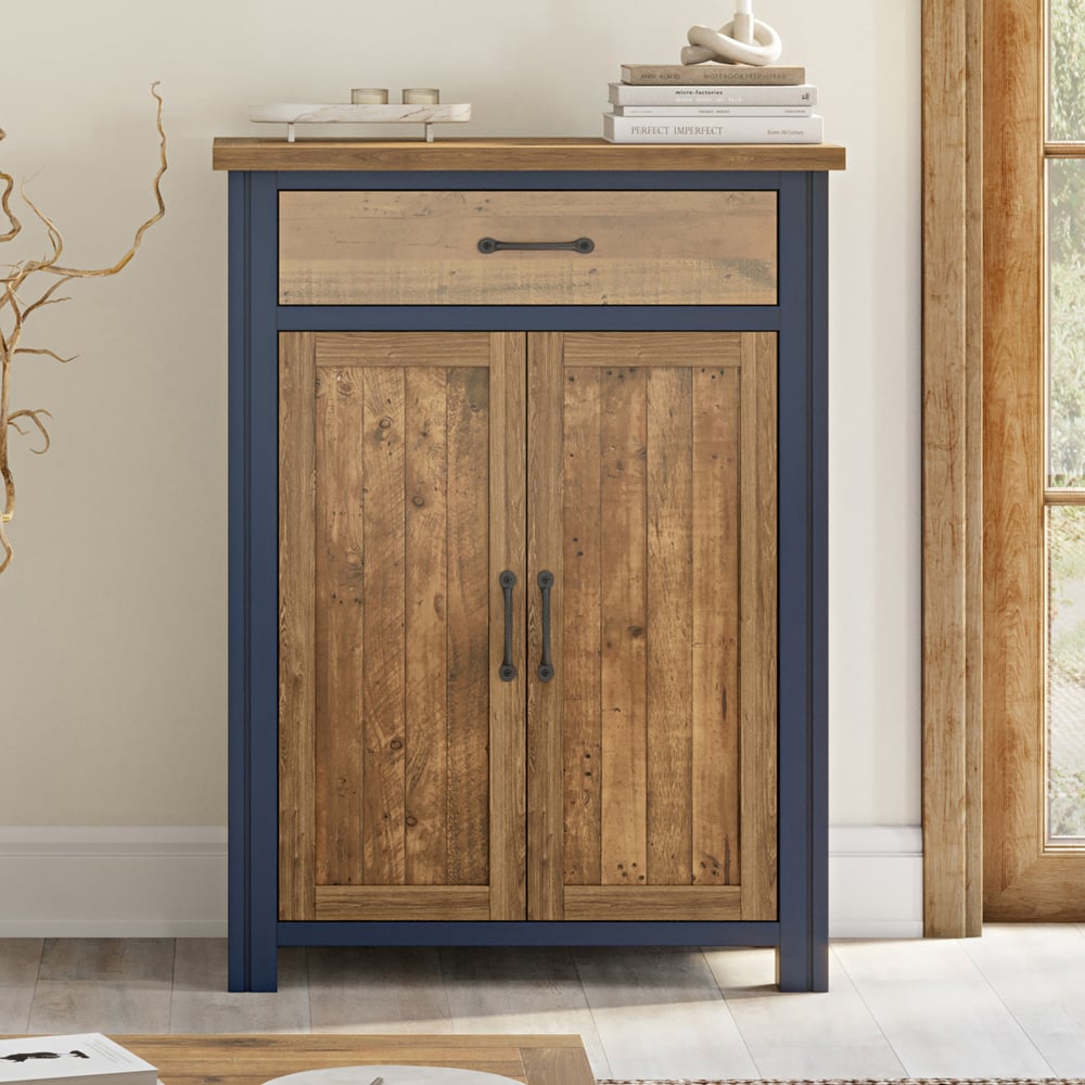 Savona Wooden Shoe Storage Cabinet With 2 Doors In Blue And Oak