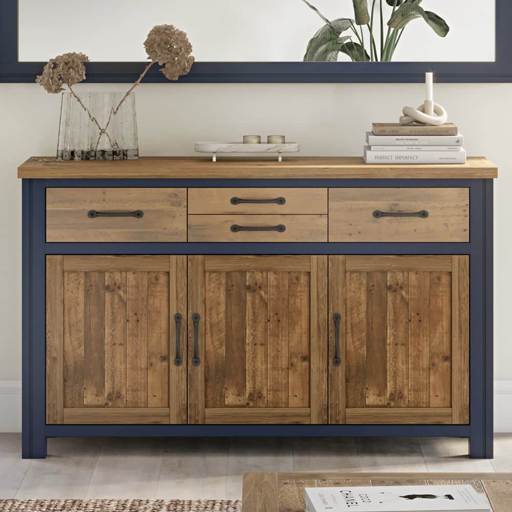 Savona Wooden Sideboard With 3 Doors 4 Drawers In Blue And Oak