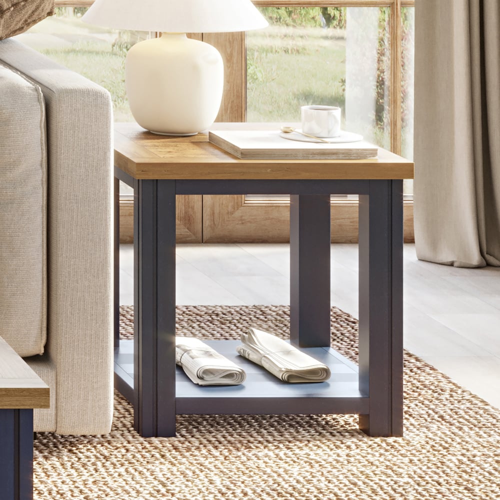Savona Wooden Square Lamp Table In Blue And Oak