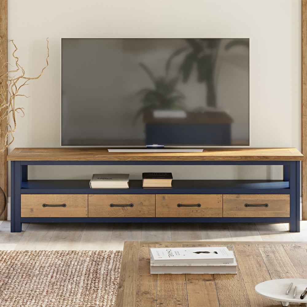Savona Wooden TV Stand With 4 Drawers In Blue And Oak