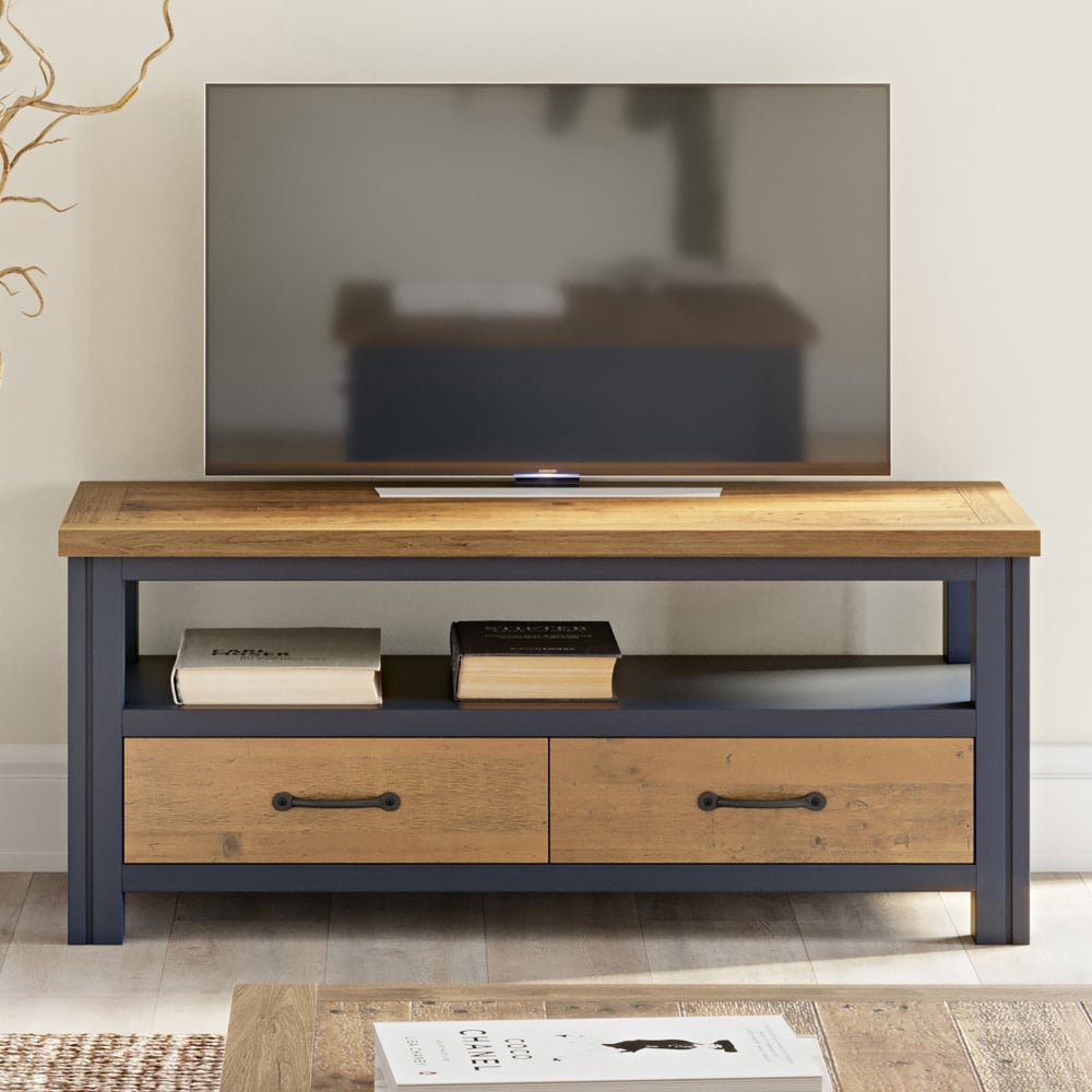 Savona Wooden TV Stand With 2 Drawers In Blue And Oak