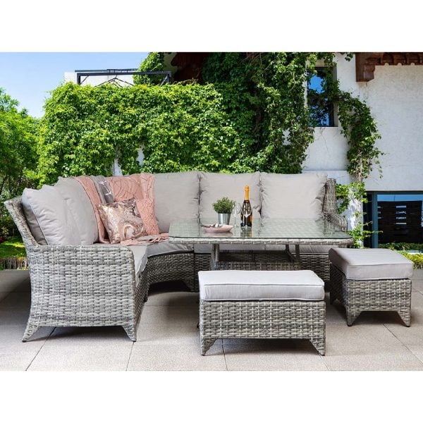 Savvy Glass Top Garden Corner Dining Set With 2 Ottomans In Grey | Bed Sava