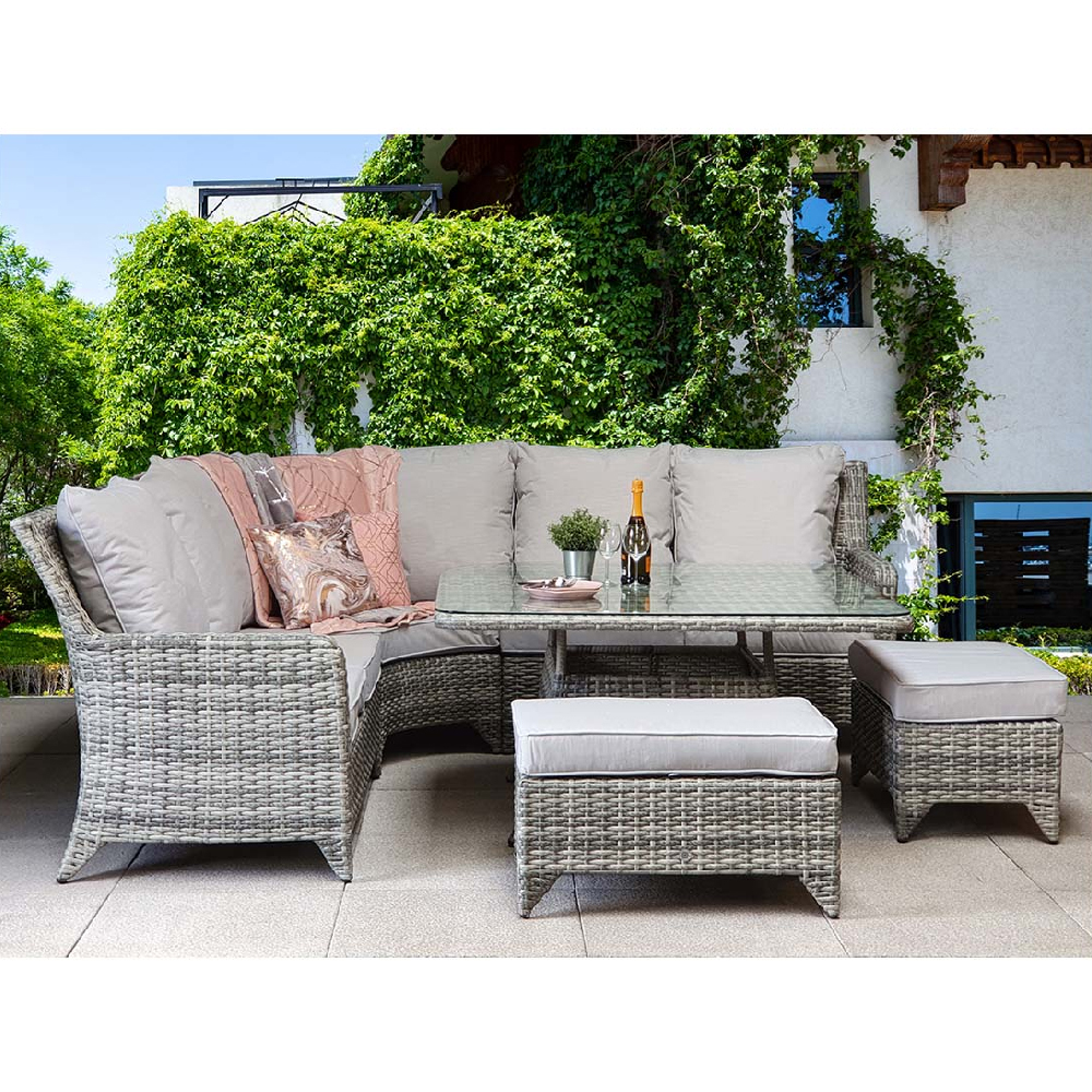 Savvy Glass Top Garden Corner Dining Set With 2 Ottomans In Grey