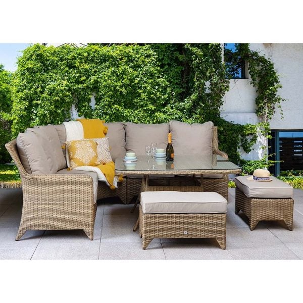 Savvy Glass Top Garden Corner Dining Set With 2 Ottomans In Natural | Bed Sava