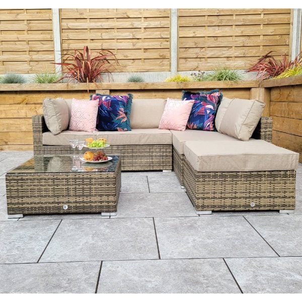 Saxen Rattan Garden Corner Sofa Set With Coffee Table In Brown | Bed Sava