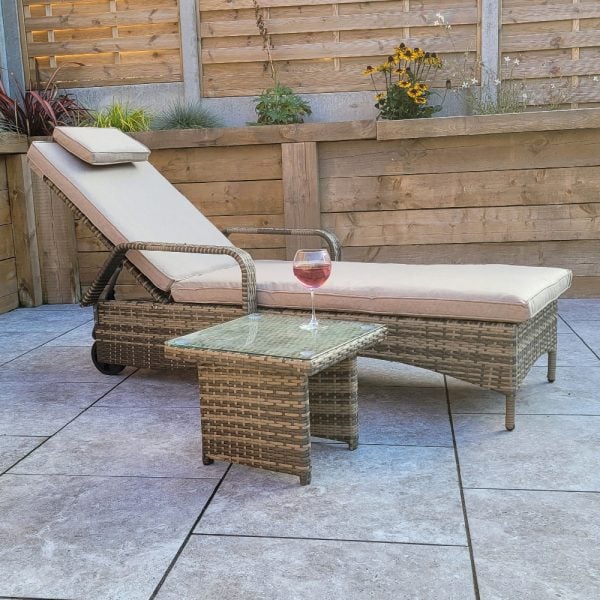 Saxen Rattan Garden Sun lounger With Drinks Table In Brown | Bed Sava
