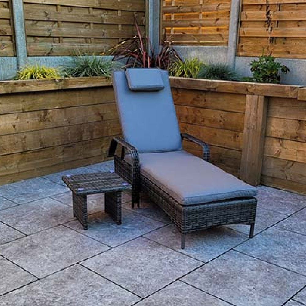 Saxen Rattan Garden Sun lounger With Drinks Table In Grey