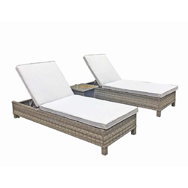 Sayer Rattan Garden Sun Lounger With Drinks Table In Grey | Bed Sava