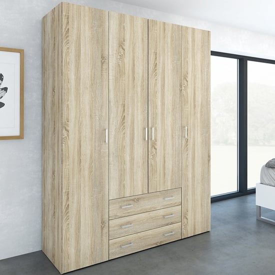 Scalia Wooden Wardrobe With 4 Doors 3 Drawers In Oak