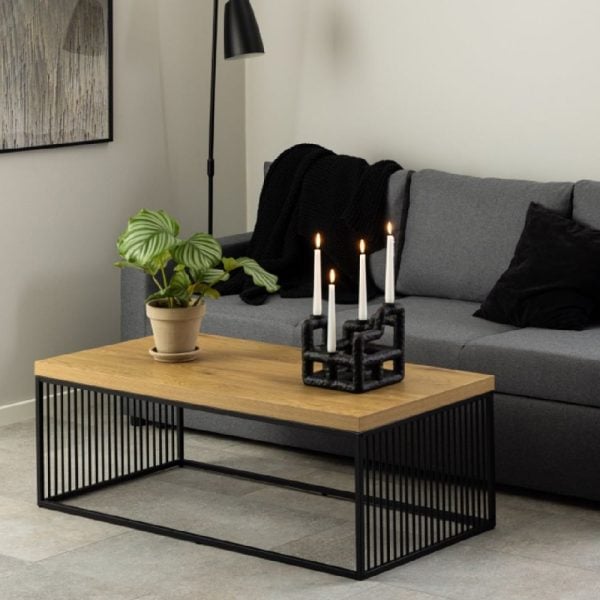 Seattle Wooden Coffee Table With Black Metal Frame In Oak | Bed Sava