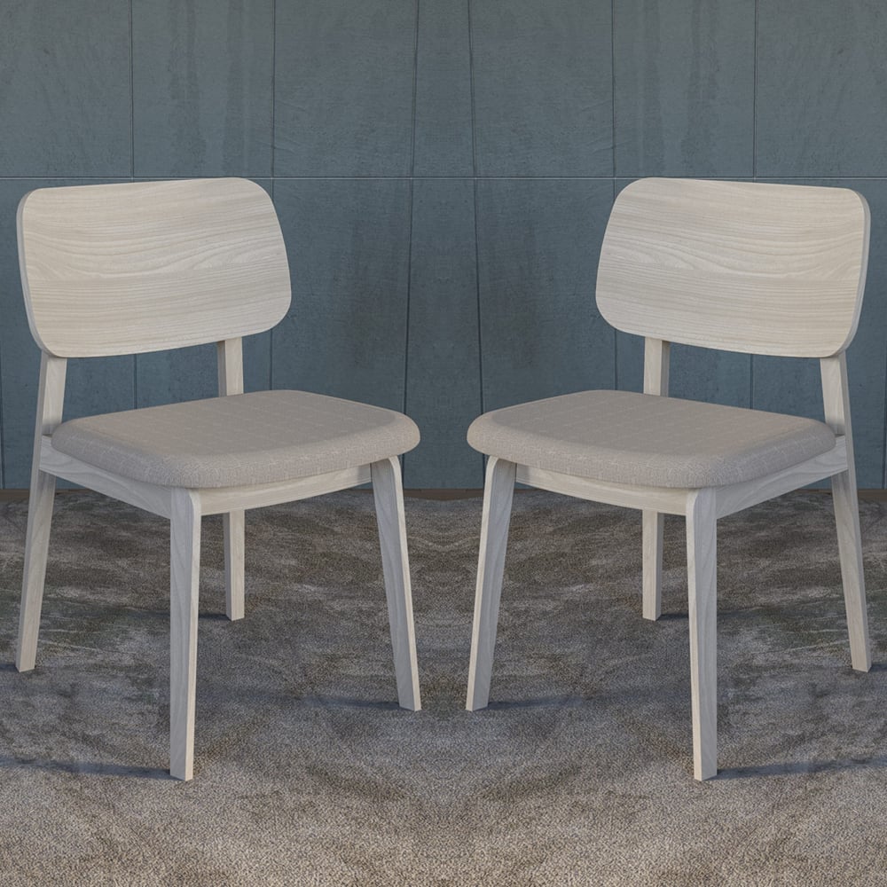 Sedalia Whitewash Wooden Dining Chairs With Fabric Seat In Pair