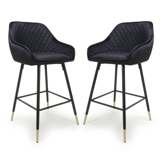 Sedona Black Velvet Bar Stools With Metal Legs In Pair