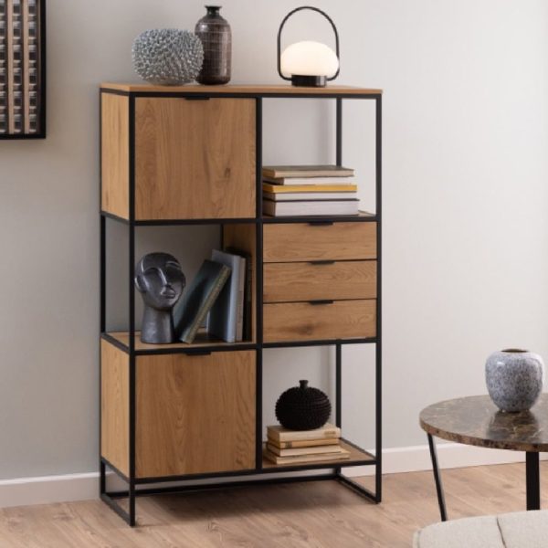 Seguin Wooden Bookcase Wide With 2 Doors 3 Drawers In Oak Black | Bed Sava