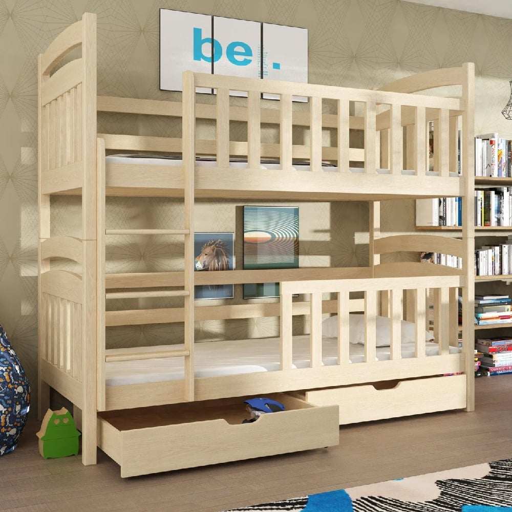 Seguin Wooden Bunk Bed With Foam Mattress And Storage In Pine