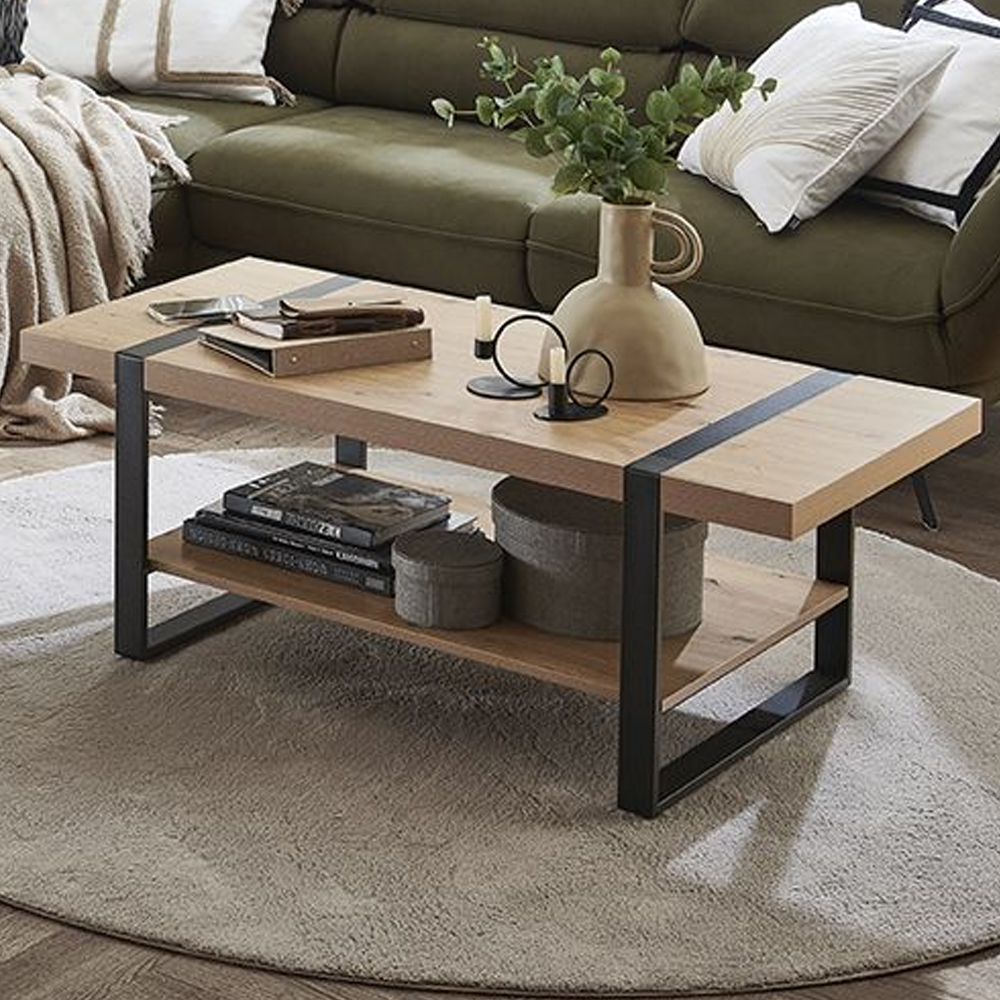 Senatobia Wooden Coffee Table With Black Frame In Oak