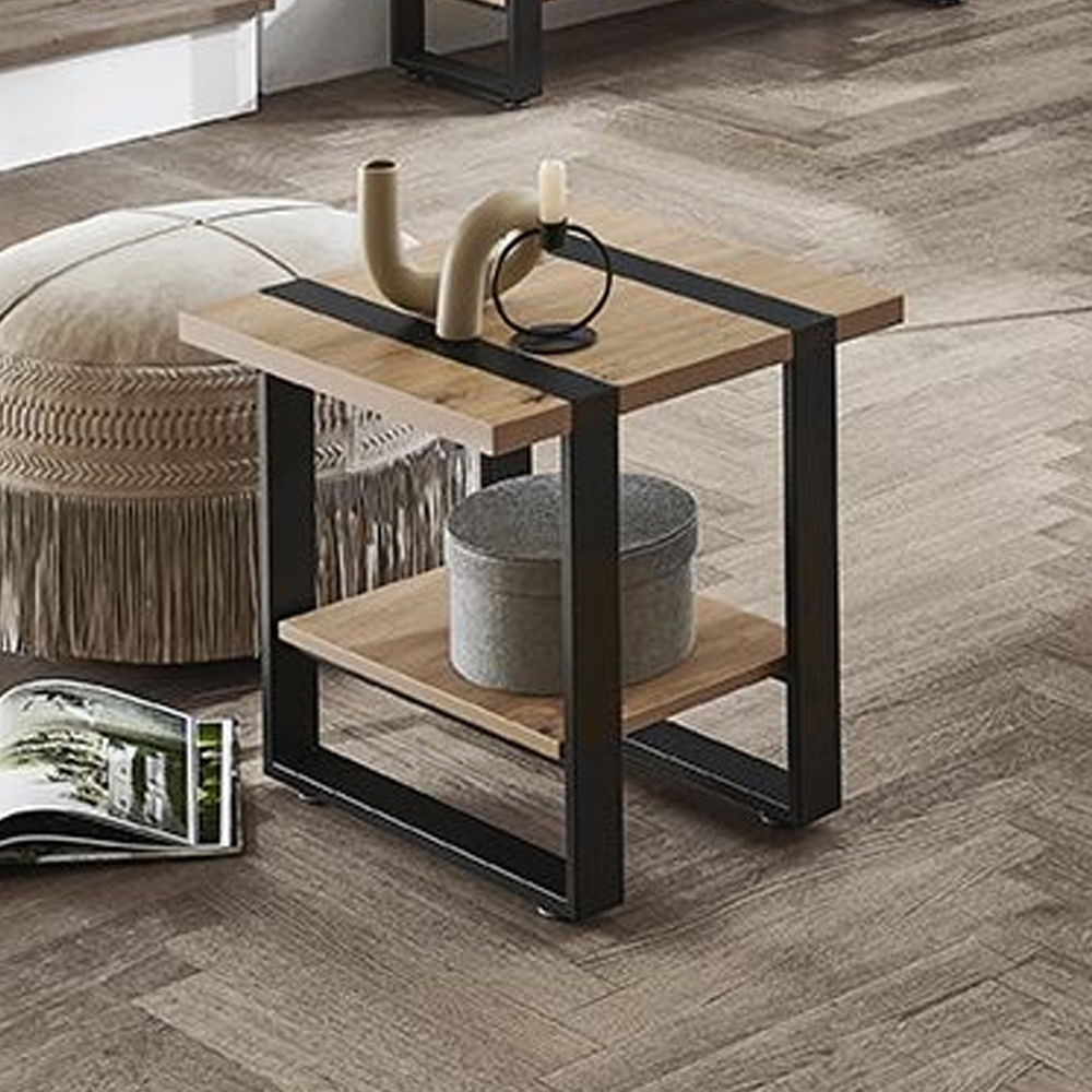 Senatobia Wooden Square End Table With Black Frame In Oak