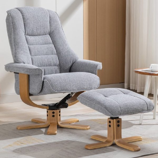Seneca Fabric Recliner Chair With Stool In Dove And Oak | Bed Sava