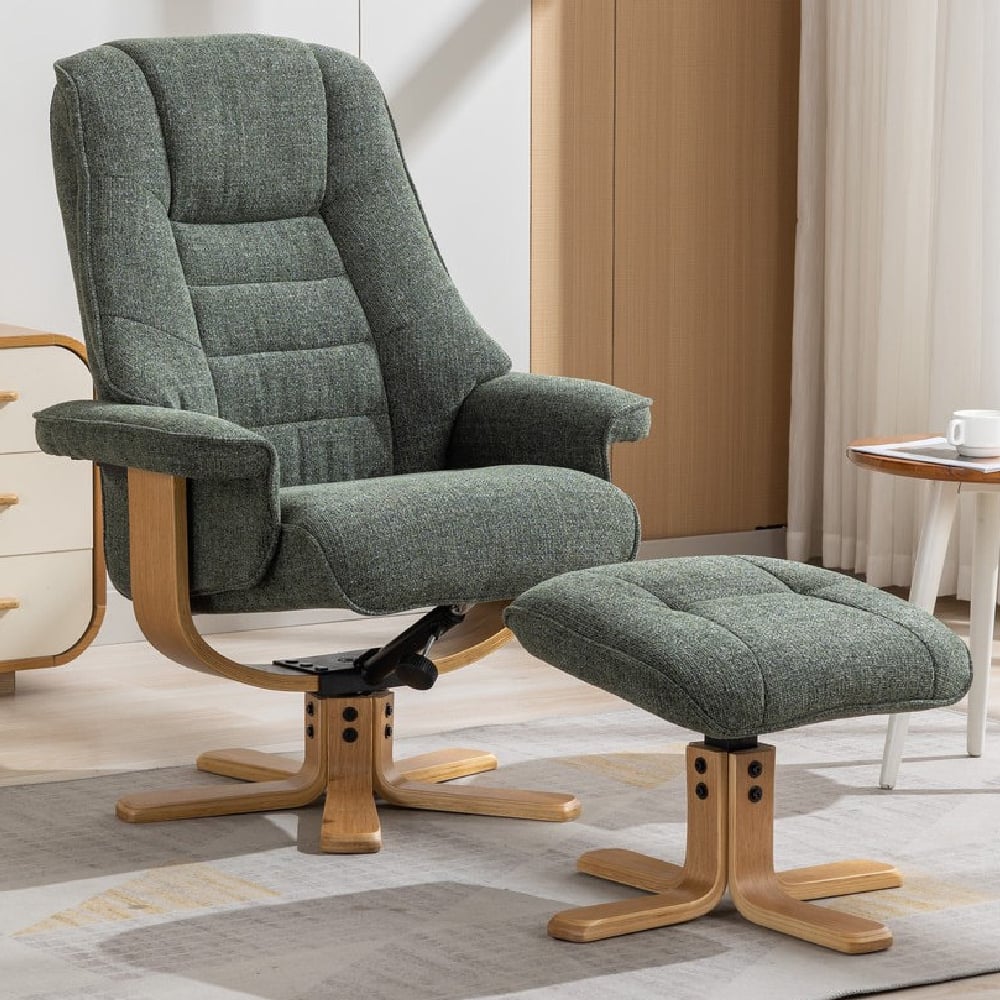 Seneca Fabric Recliner Chair With Stool In Fern And Oak