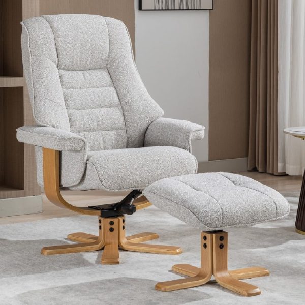 Seneca Fabric Recliner Chair With Stool In Greige And Oak | Bed Sava