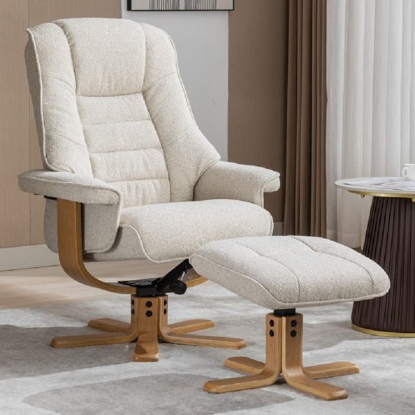Seneca Fabric Recliner Chair With Stool In Hessian And Oak | Bed Sava