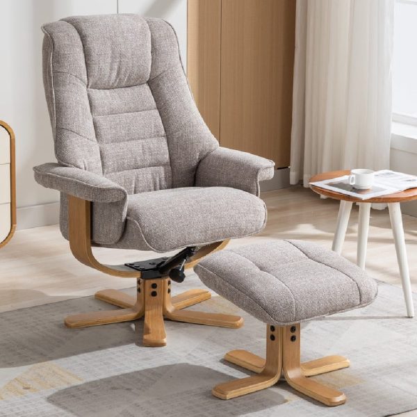 Seneca Fabric Recliner Chair With Stool In Oat And Oak | Bed Sava
