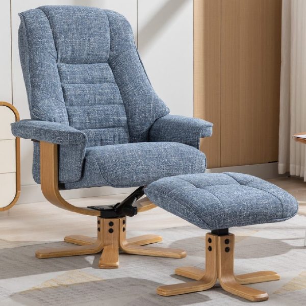 Seneca Fabric Recliner Chair With Stool In Ocean And Oak | Bed Sava