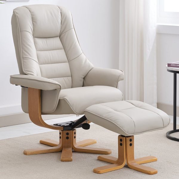 Seneca Leather Recliner Chair With Stool In Mushroom And Oak | Bed Sava