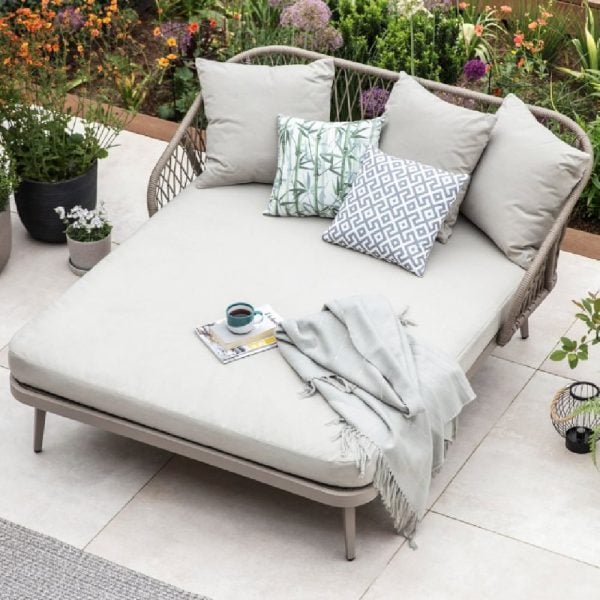 Seras Fabric Garden Daybed With Cushion In Grey Oak | Bed Sava