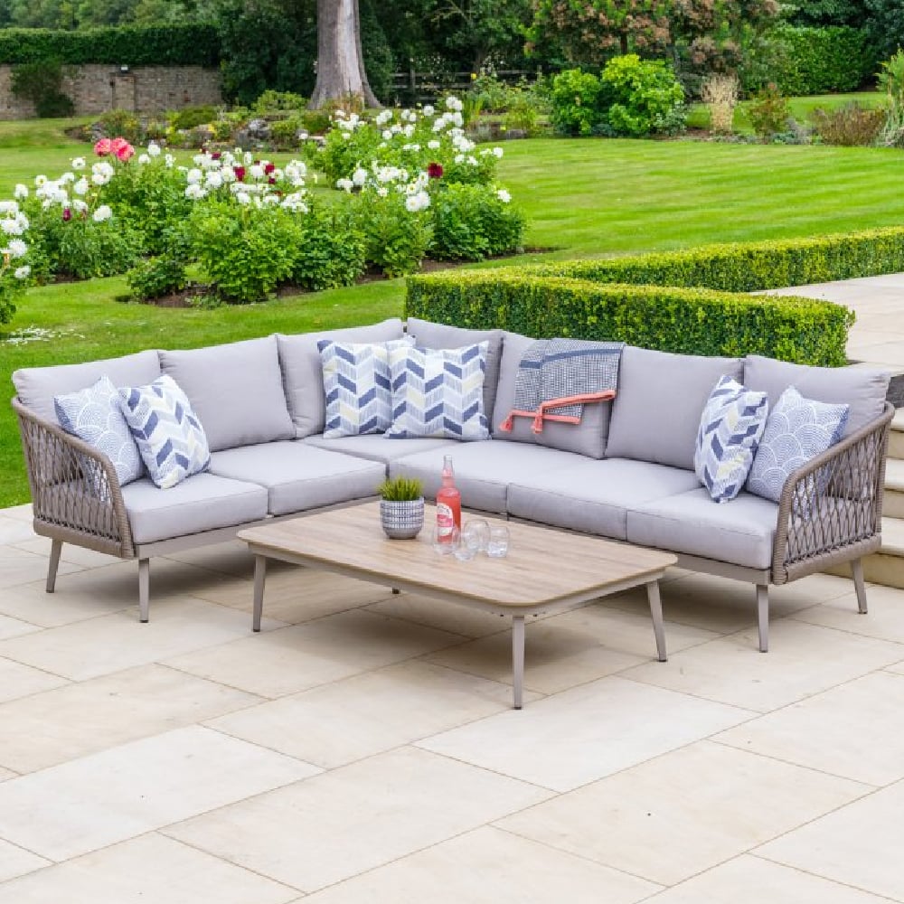 Seras Rattan Garden Corner Lounge Sofa Set In Grey Oak