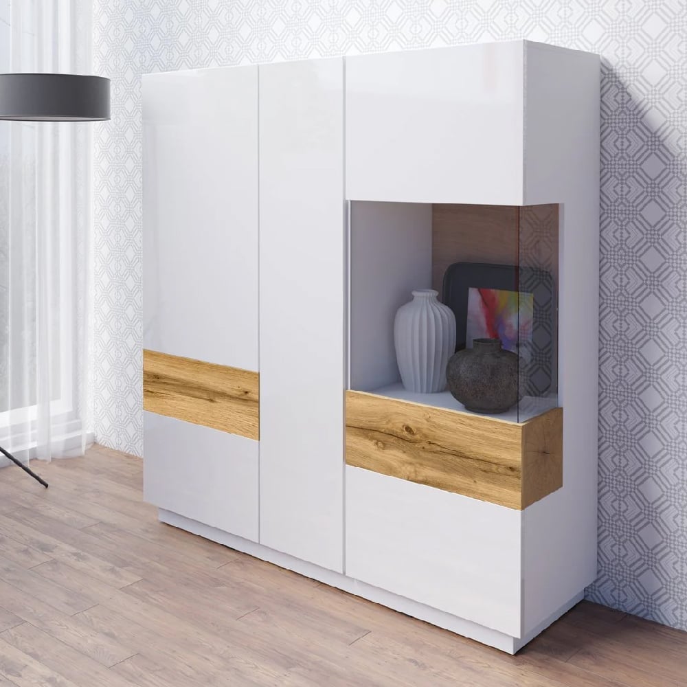 Sevilla White Gloss Display Cabinet Right Hand In Wotan Oak