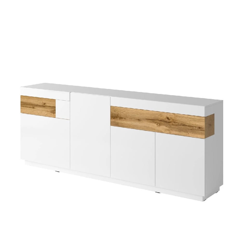 Sevilla White Gloss Sideboard With 3 Doors In Wotan Oak