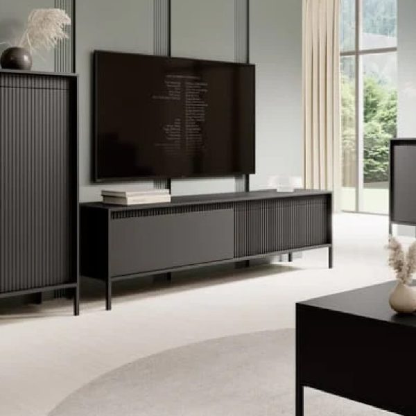 Shawnee Wooden TV Stand With 2 Flip Doors In Black | Bed Sava