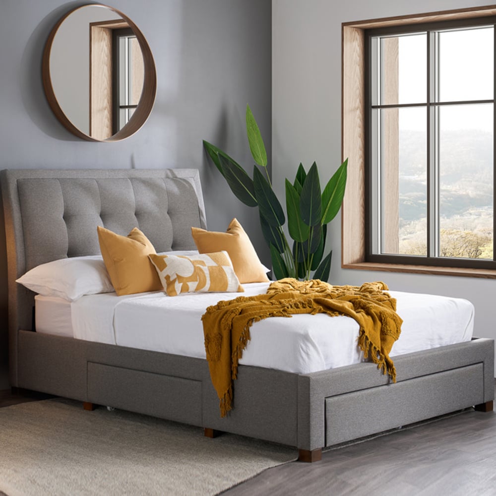 Shelbi Fabric Double Bed With 3 Drawers In Grey