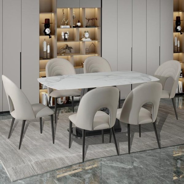 Shelby Sintered Stone Dining Table With 6 Grey Chairs In Binli White | Bed Sava