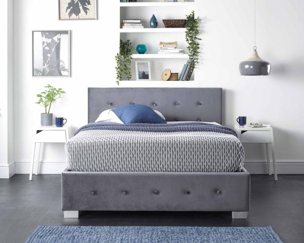 Side Opening Storage Ottoman Bed Available in Grey Linen Steel Plush Velvet or Silver Crushed Velvet Fabric Finishes | Bed Sava