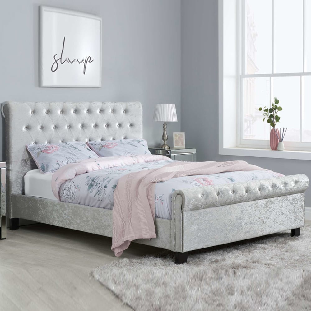Siena Fabric Double Bed In Steel Crushed Velvet