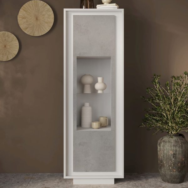 Skokie Wooden Display Cabinet With 1 Door In Matt White And Cement | Bed Sava