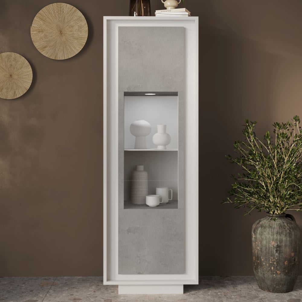 Skokie Wooden Display Cabinet In Matt White And Cement With LED