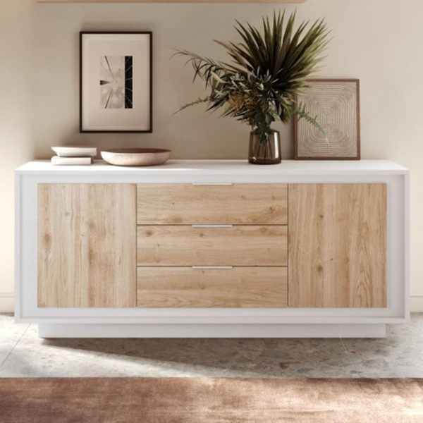 Skokie Wooden Sideboard 2 Doors 3 Drawers In Matt White And Cadiz | Bed Sava