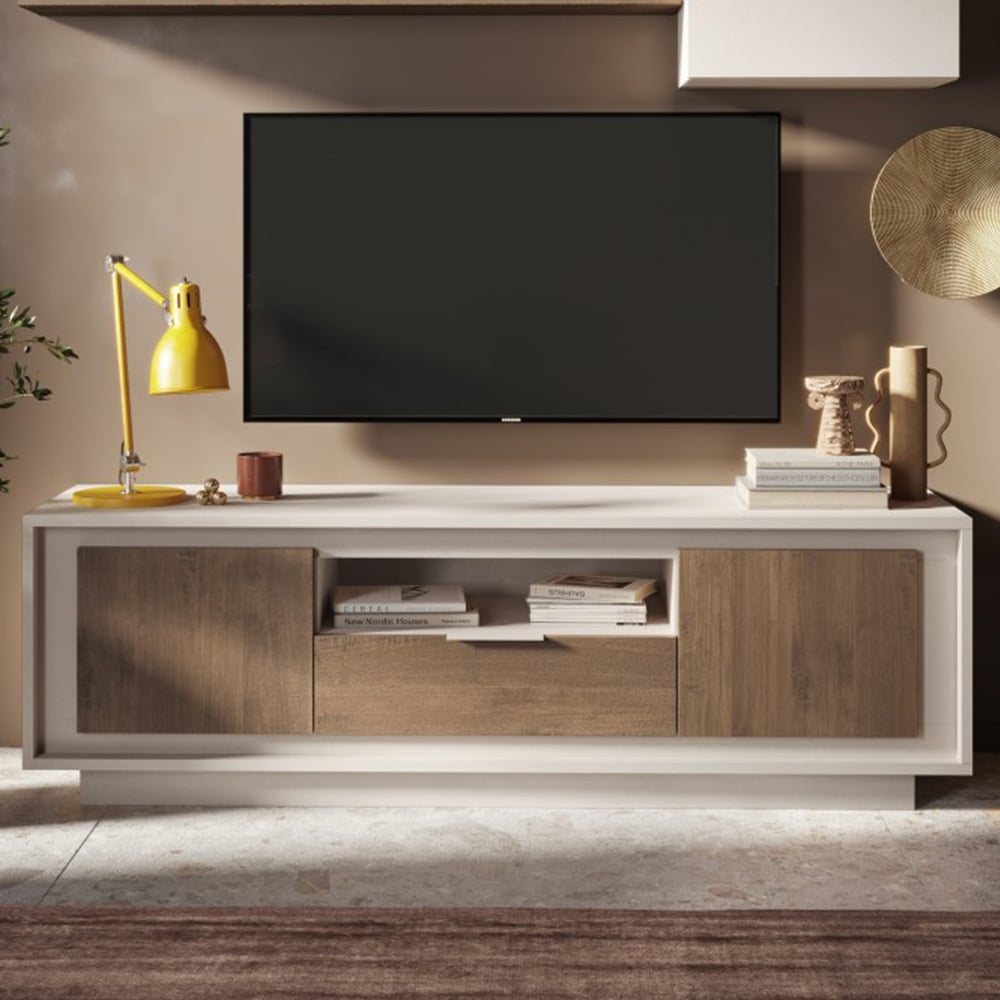 Skokie Wooden TV Stand 2 Doors 1 Drawer In Cashmere And Mercure