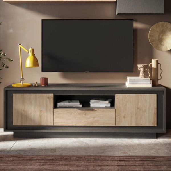 Skokie Wooden TV Stand 2 Doors 1 Drawer In Lava And Cadiz | Bed Sava