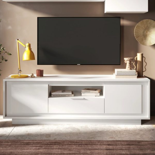 Skokie Wooden TV Stand 2 Doors 1 Drawer In Matt White | Bed Sava