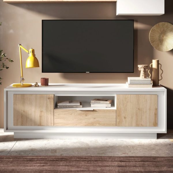 Skokie Wooden TV Stand 2 Doors 1 Drawer In Matt White And Cadiz | Bed Sava