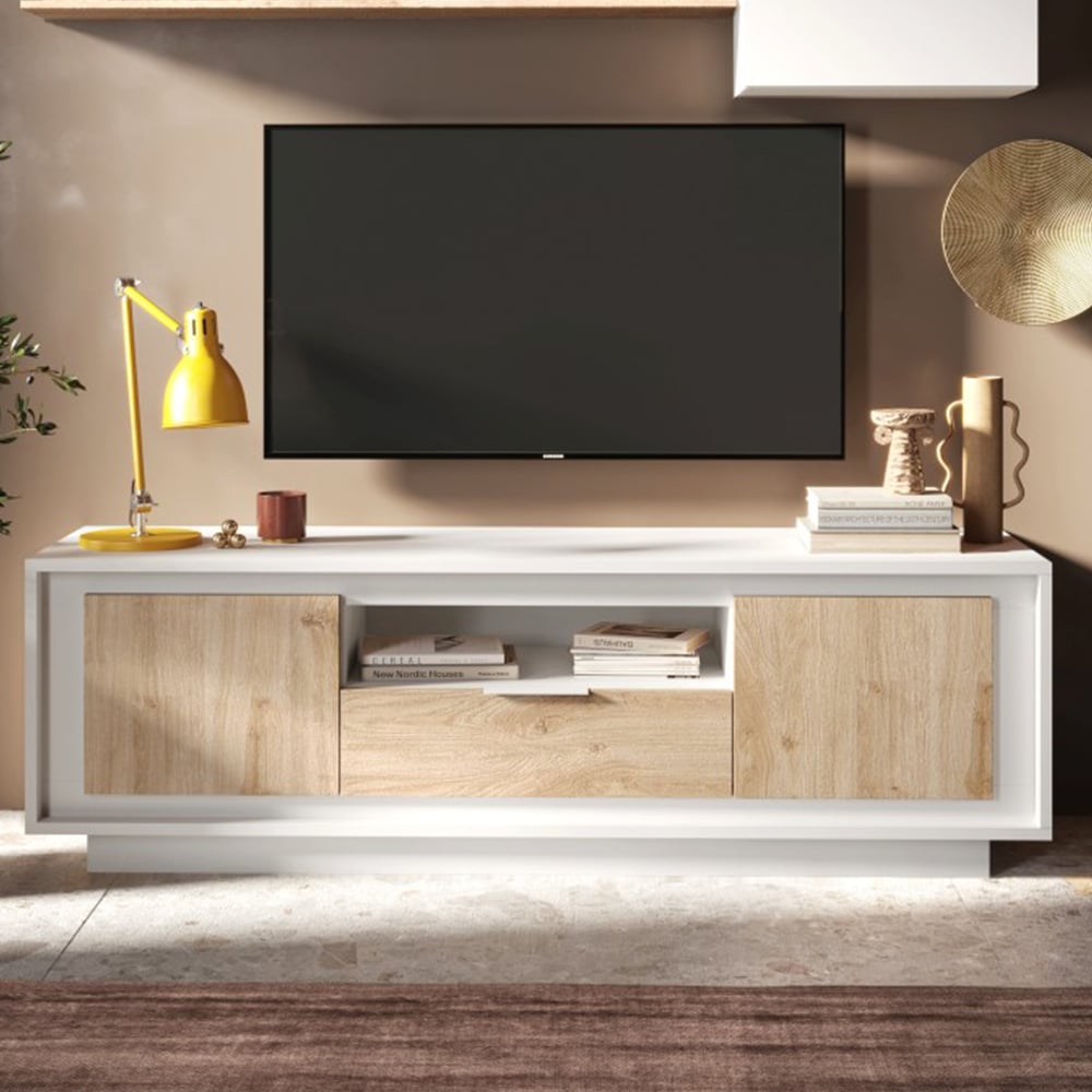 Skokie Wooden TV Stand 2 Doors 1 Drawer In Matt White And Cadiz