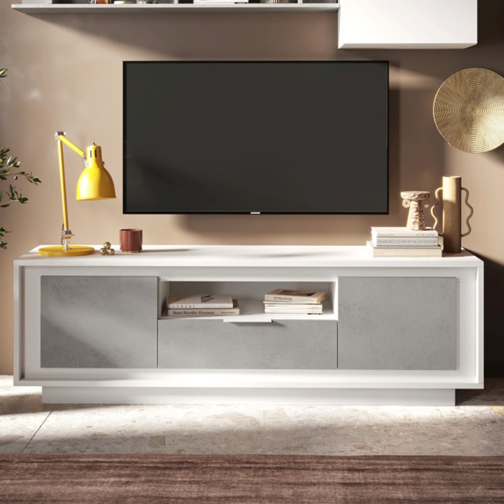 Skokie Wooden TV Stand 2 Doors 1 Drawer In Matt White And Cement