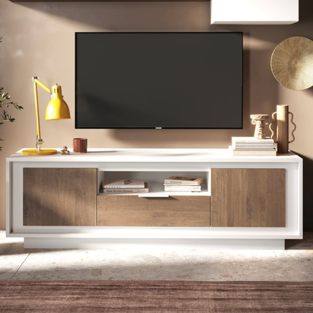Skokie Wooden TV Stand 2 Doors 1 Drawer In Matt White And Mercure