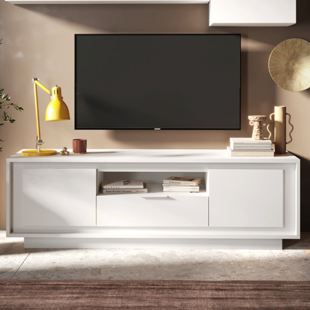 Skokie Wooden TV Stand 2 Doors 1 Drawer In Matt White
