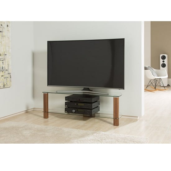 Clevedon Large Clear Glass TV Stand With Walnut Frame | Bed Sava