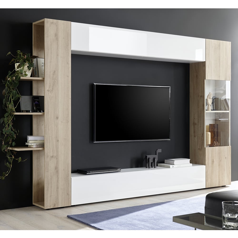 Solana White High Gloss Entertainment Unit In Cadiz Oak