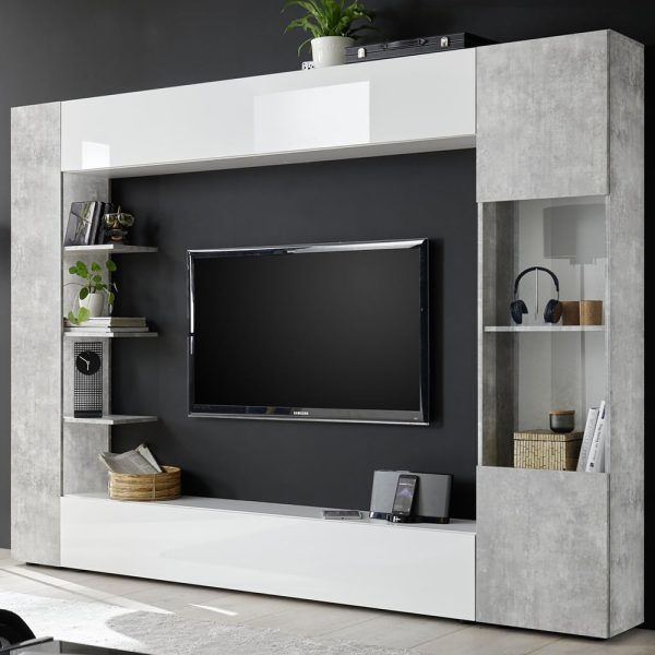 Solana White High Gloss Entertainment Unit In Cement | Bed Sava
